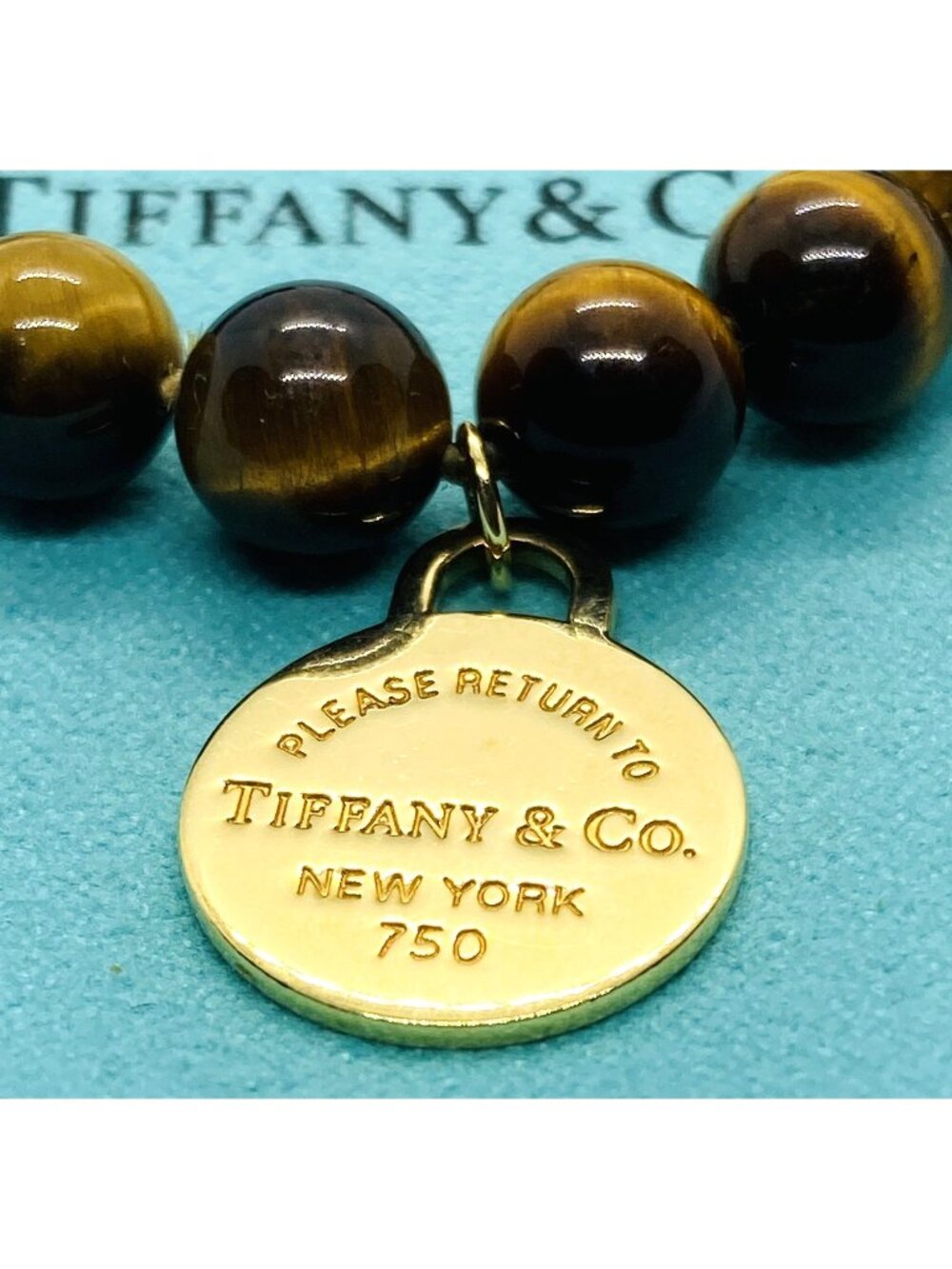 Tiffany & Co 18k Yellow Gold Tigers Eye Bead Bracelet Return to Tiffany Round